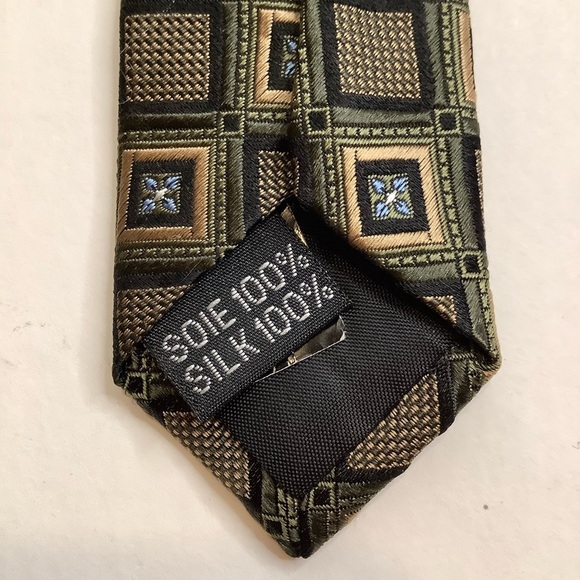 VINTAGE Italian Green & Gold Geometric Woven Silk Tie - Picture 8 of 12